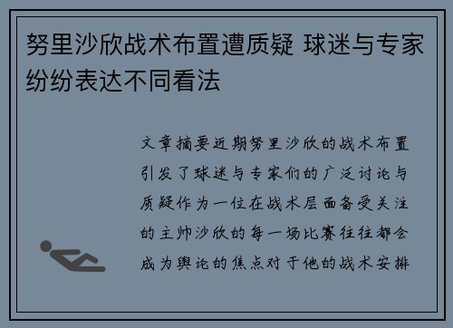 努里沙欣战术布置遭质疑 球迷与专家纷纷表达不同看法